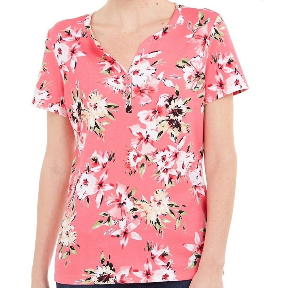 Karen Scott Women's Petite Floral Henley Top - Pin